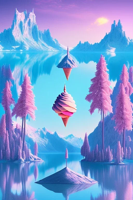  mountain topped with pink ice-cream, lake, trees, mystical, Dada,