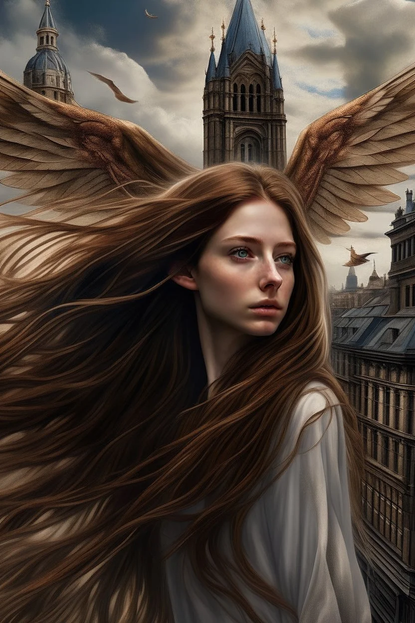 A realistic portrait of an Angel flying over London with long Aubern hair