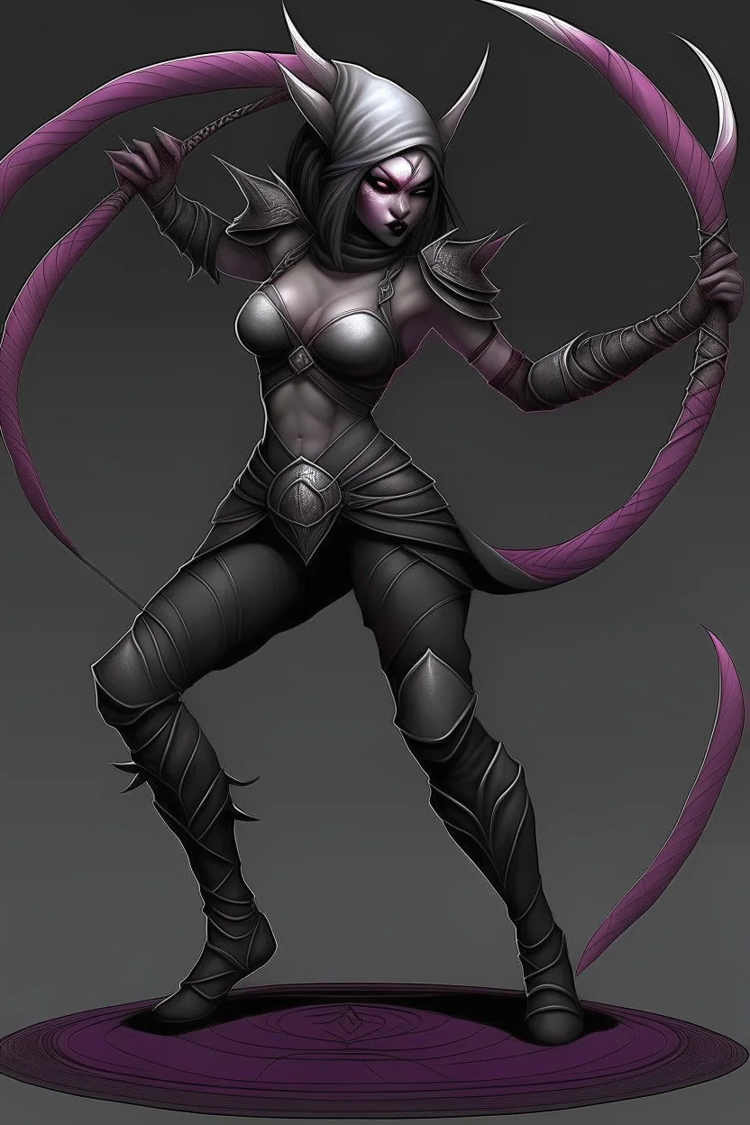 female gray skin, Shadar-Kai wielding a Whip made out of black thorns, clothes with a dark rose theme