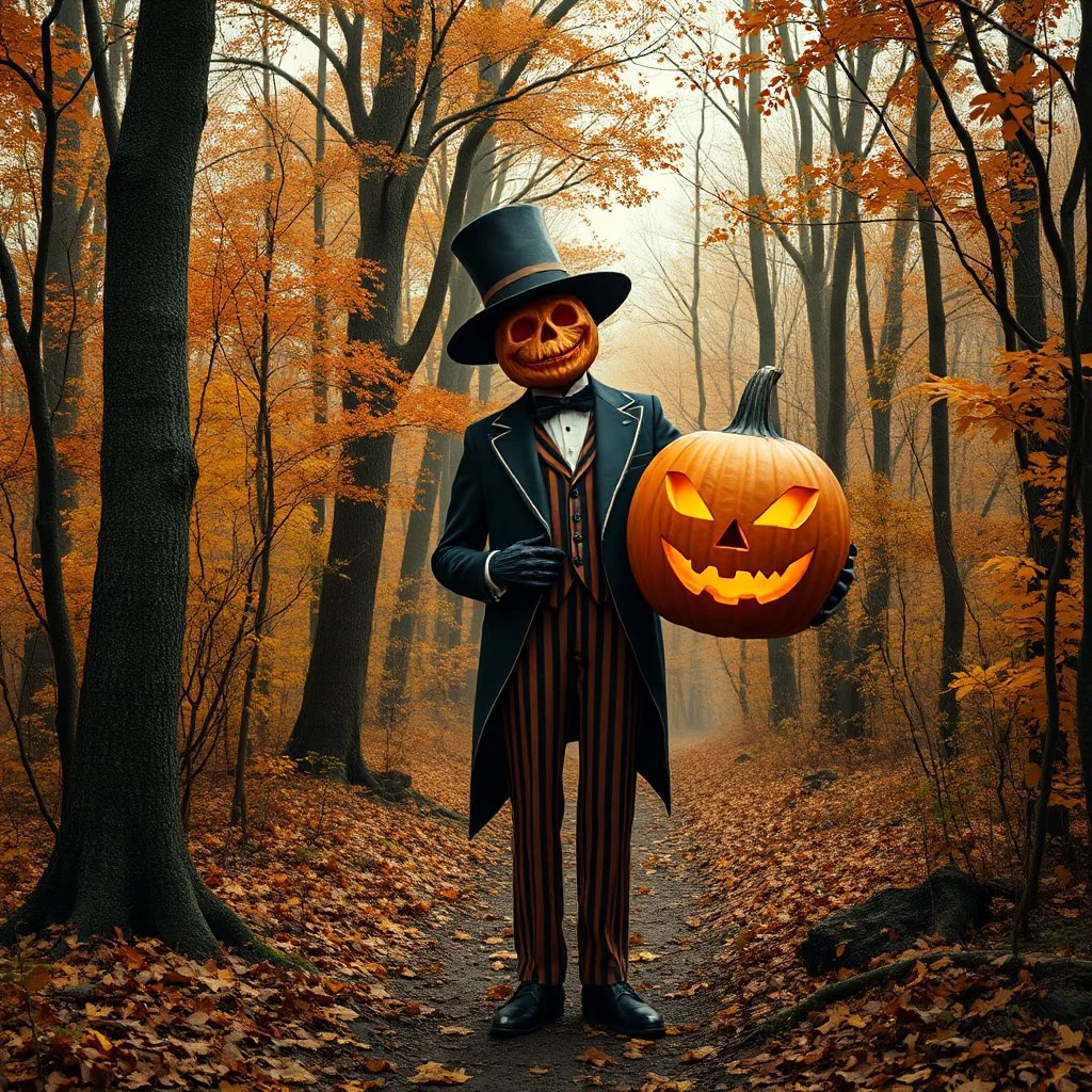 Pumpkin king in 1920s suit in an autumn forest spooky