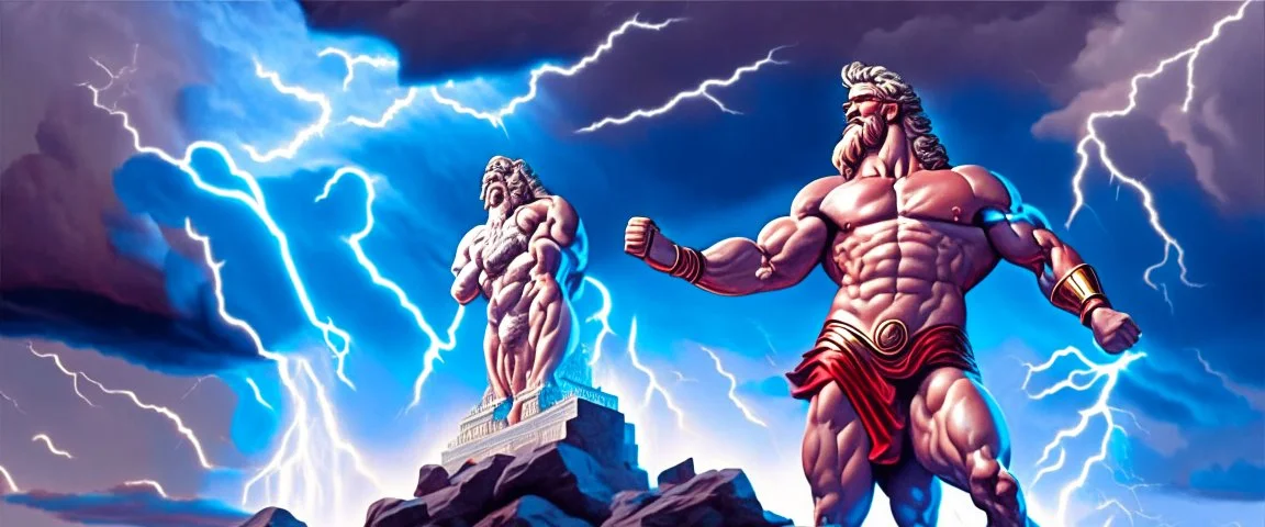 Detailed and realistic illustration of Greek god Zeus holding lightning in front of him Vintage style illustration. Red lightning. Ultra high resolution, realism, muscular, low fat percentage, blue clouds in the background, statue like, temple on the background, mount olympus on the background, lightning stricking on the background, Realistic men, no disformations, dark moody, strong, bold