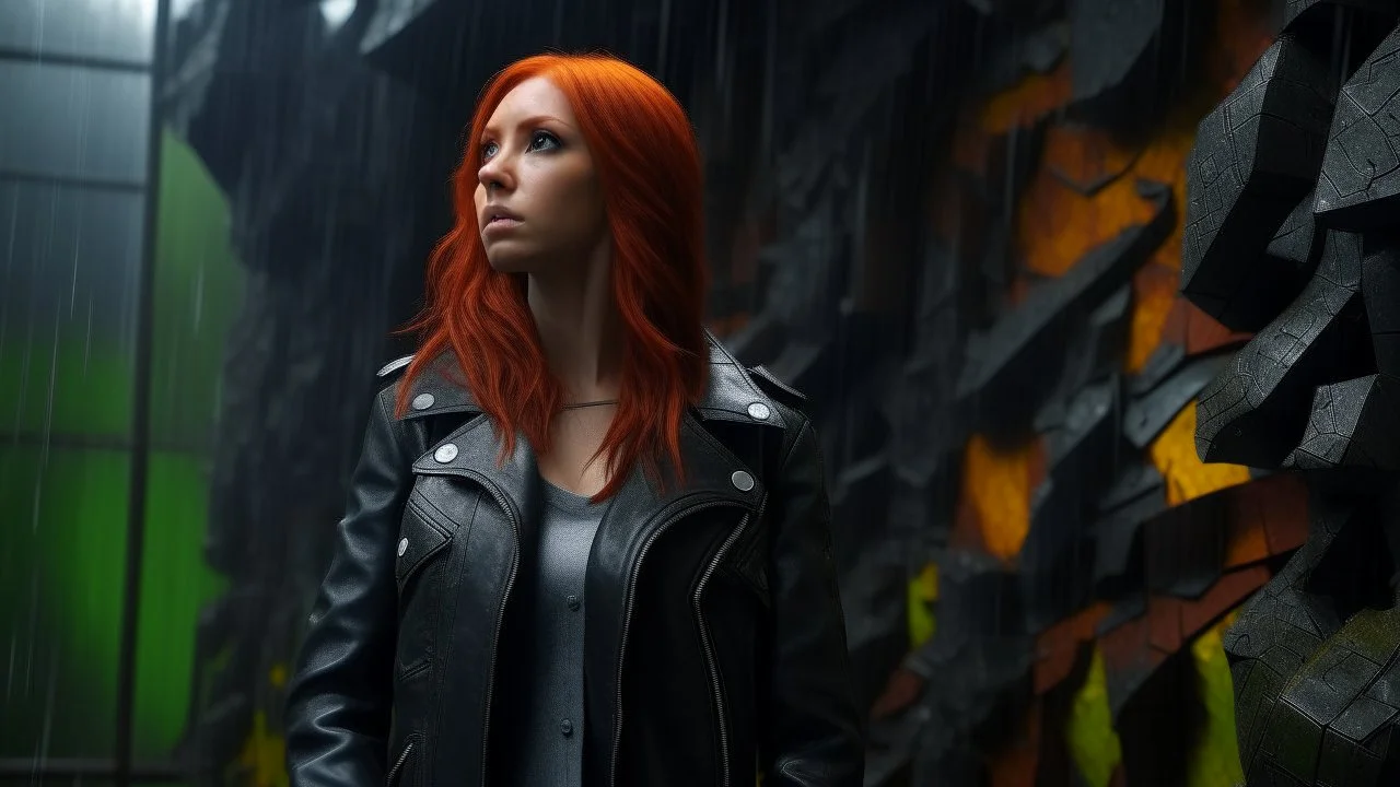 A fair-skinned European woman with fiery red hair, dressed in a leather jacket and jeans, exploring a dark forest of rusted metal cubes with broken niches and windows, during a thunderstorm.