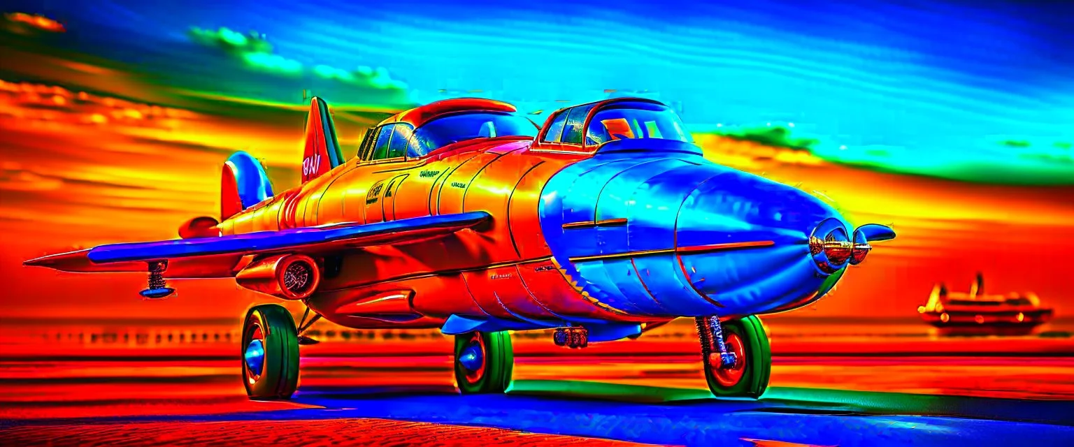 A national geographic award winning photograph of a military fighter jet station wagon wasp hybrid designed by volkswagen only one vehicle per image painted metallic orange traveling at a high rate of speed, jet intake off of front center of vehicle and jet exhaust out the rear with bright blue flame