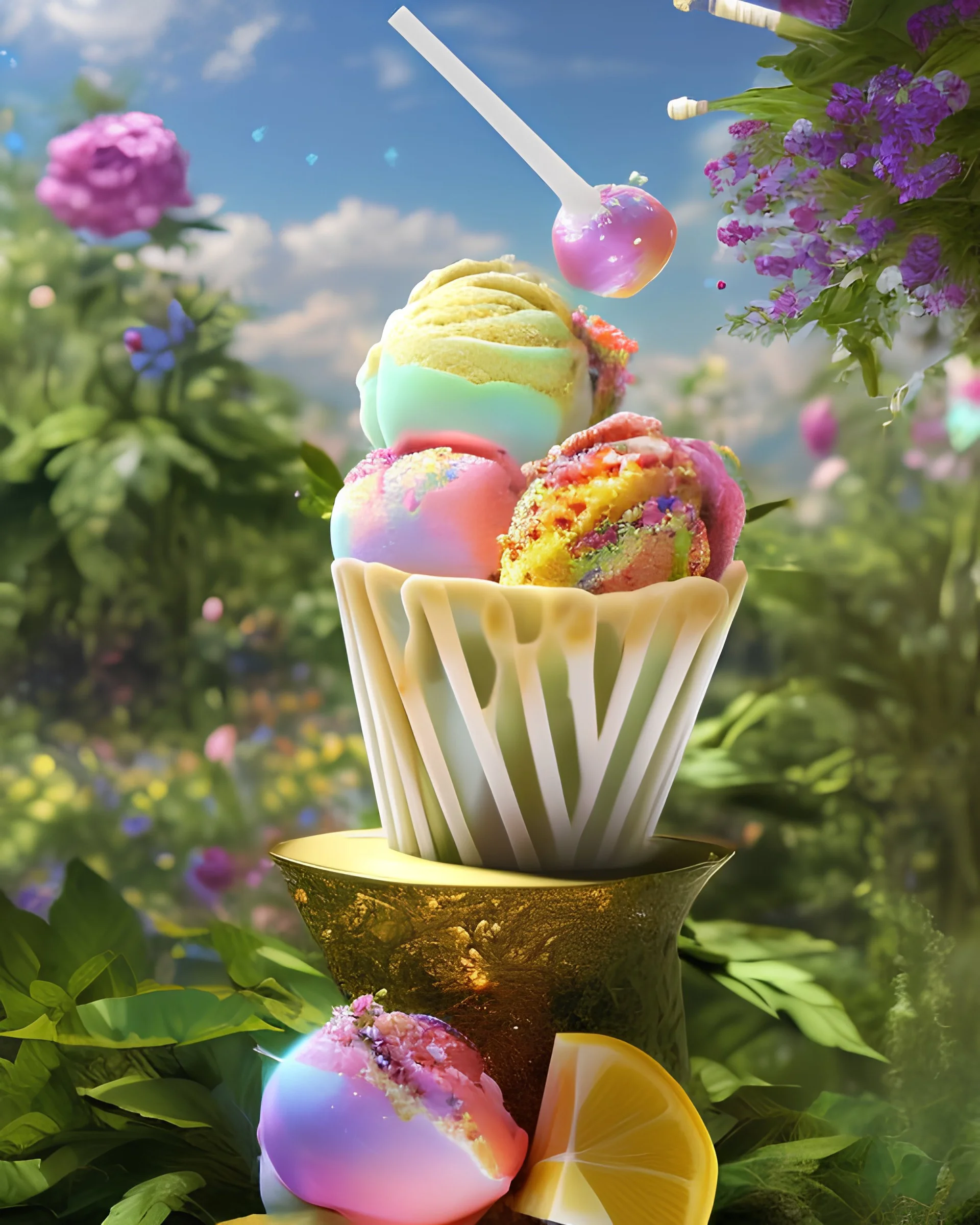 extravagant luxury icecream with extras, on sunny day, bokeh, vibrant color, 8k, RTX, realistic, 3D, Salvador Dali, Alma-Tadema