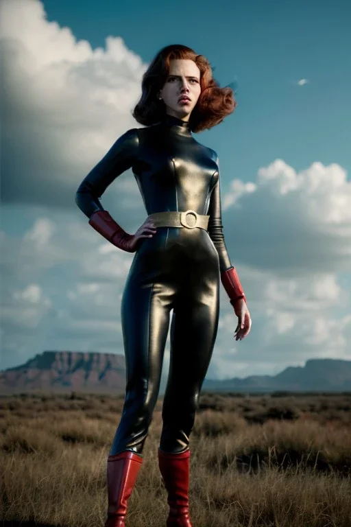 retro portrait image from 1960, sky background, wind, long red hair, fighting stance, sweet young Scarlett Johansson, black dress, classic long tight lycra black suit, gold bracelet and belt, high heel boots, superhero style, soft color, highly detailed, unreal engine 5, ray tracing, RTX, lumen lighting, ultra detail, volumetric lighting, 3d, finely drawn, high definition, high resolution.