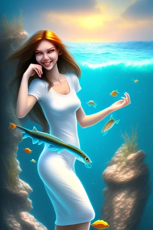 long hair fish smiling lady with white top set on the rock in the ocean