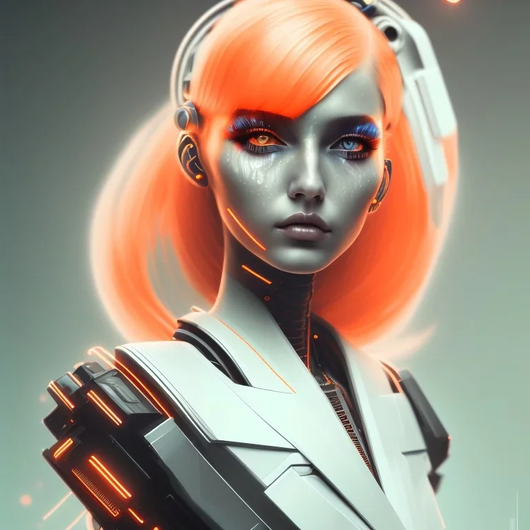 A beautiful portrait of a cute cyberpunk woman facing camera orange color scheme, high key lighting, volumetric light high details with white stripes and feathers