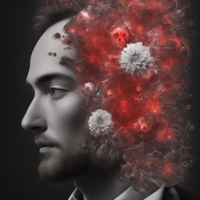 portrait of man with an exploding flower and butterflies inside his face, highly detailed black and white with red accents, digital painting.