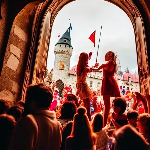 Party in a castle, cheering people, Austrian aesthetic, warm colors, 8k, HD, cinematography, photorealistic, Cinematic, Color Grading, Ultra-Wide Angle, Depth of Field, hyper-detailed, beautifully color-coded, insane details, intricate details, beautifully color graded, Cinematic, Color Grading, Editorial Photography, Depth of Field, DOF, Tilt Blur, White Balance, 32k, Super-Resolution, Megapixel, ProPhoto RGB, VR, Halfrear Lighting, Backlight, Na