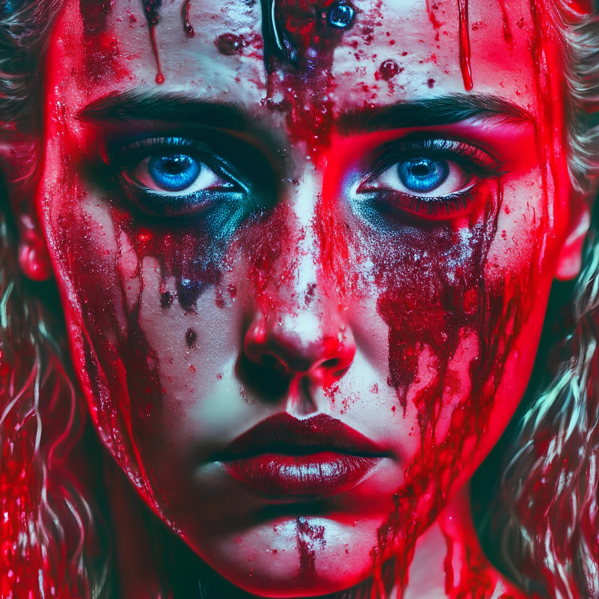 singer Danish MØ face, style surrealism by _Mark Ryden_, blood, guts, darkred tones,, blood, guts, holographic eyes, intricate, background liquid, 8k, macro photography,