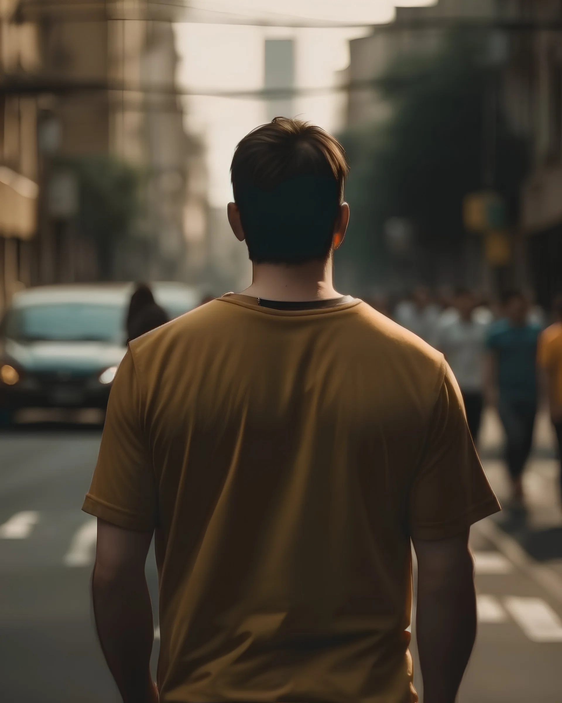 A man standing in a busy road wearing a tshirt facing his back towards the camera and peeking over the shoulder, hd, artistic, cinematic