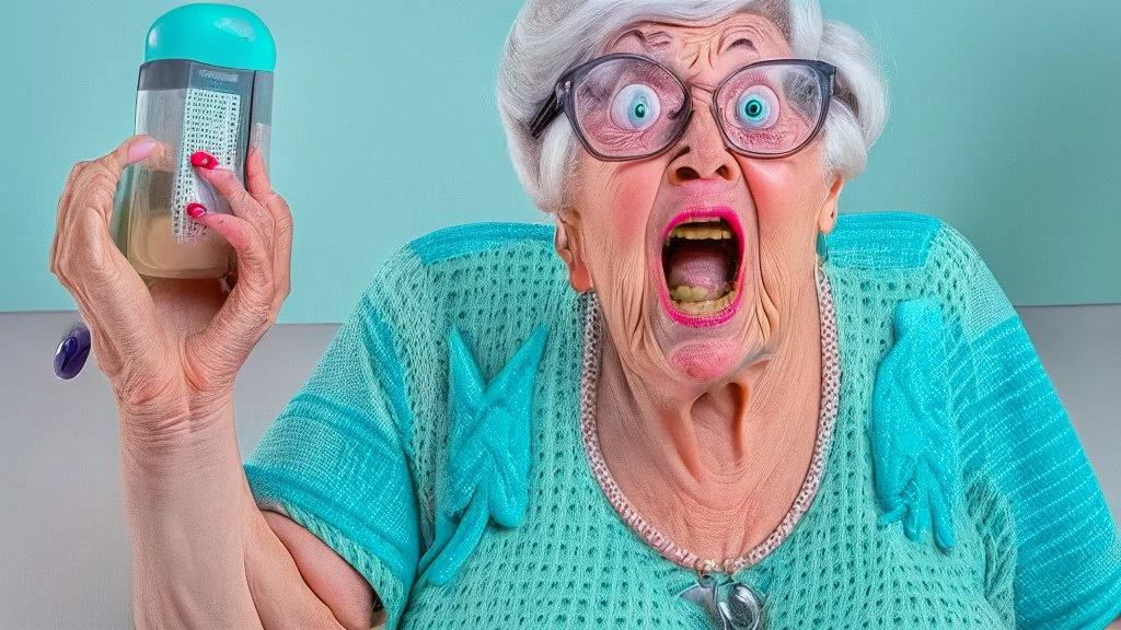 older lady with prescription pill bottle freaking out on cellphone