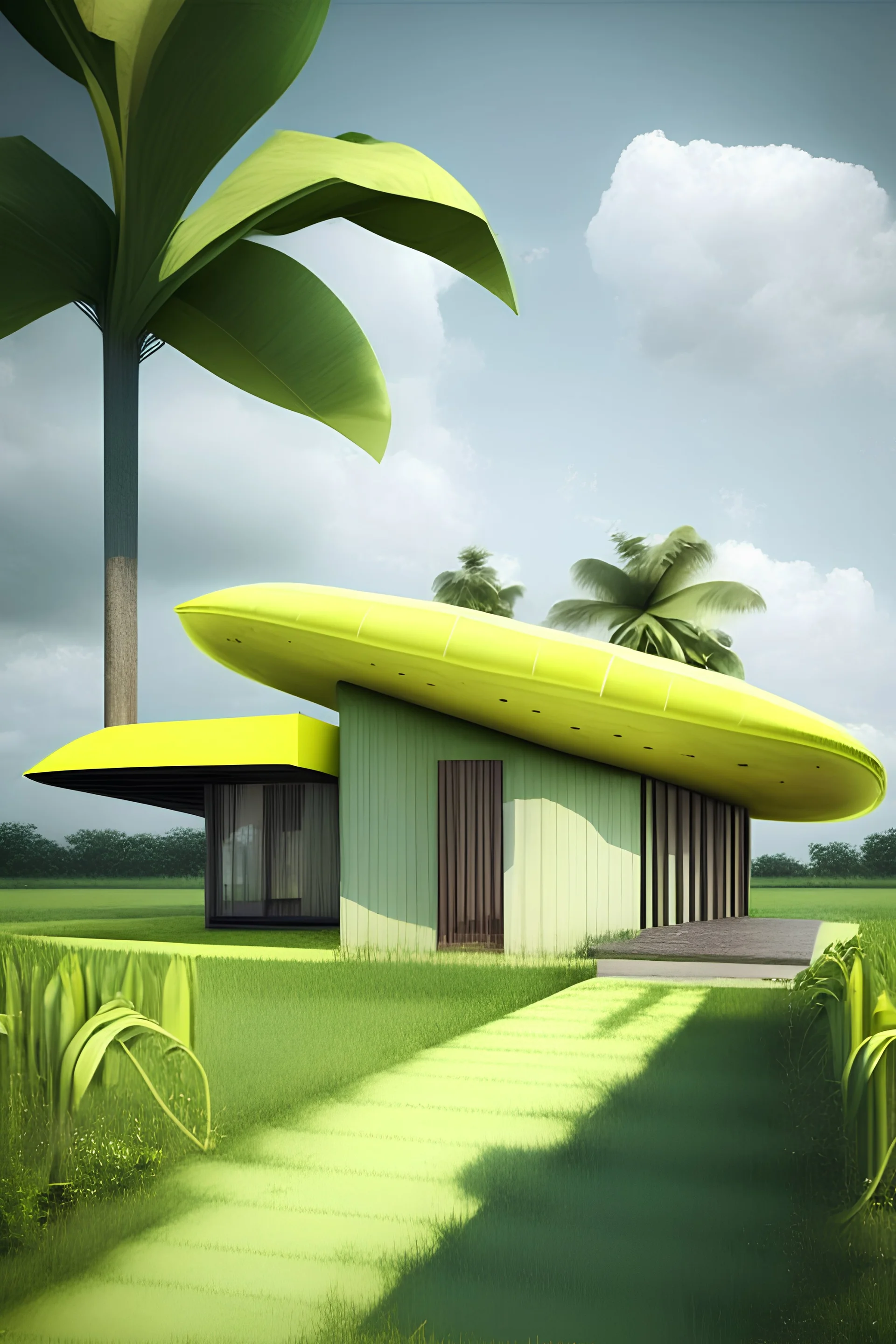 Modern Composite house with barrier and underroof with field with banana tree