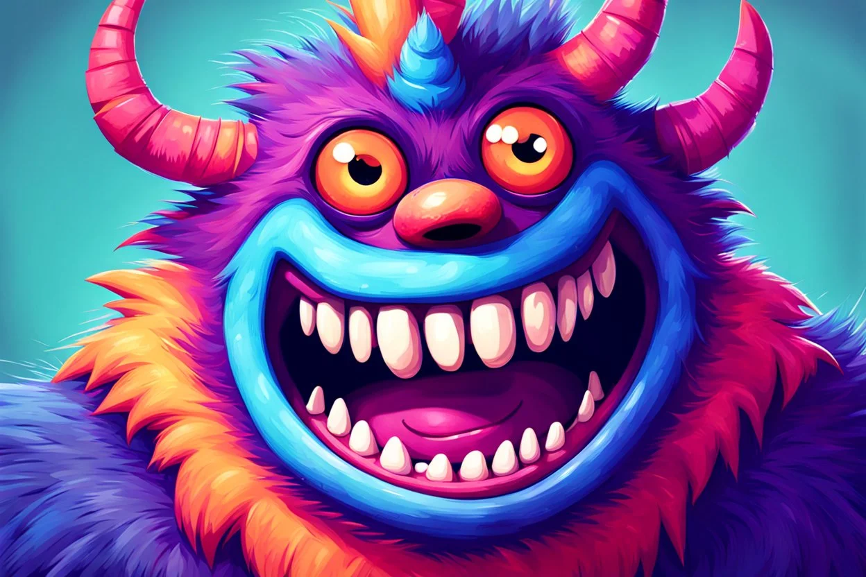 closeup of a smiling monster's face, big teeth, fur, bumps and horns, my pet monster inspiration, urban character design