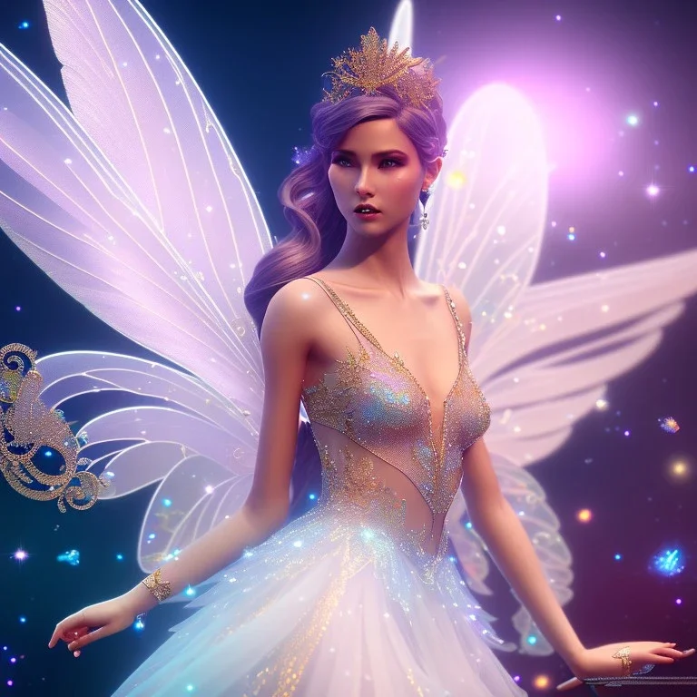 beautiful fairy in a galactic ambiance, transparent wings, delicate colors, finely tuned detail, ultra high definition, 8 k, unreal engine 5, ultra sharp focus