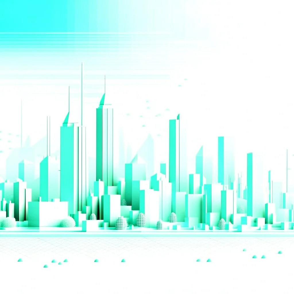 Digital illustration of a minimalist and digital city, colors are white, light blue and light green (#CCE7D5).