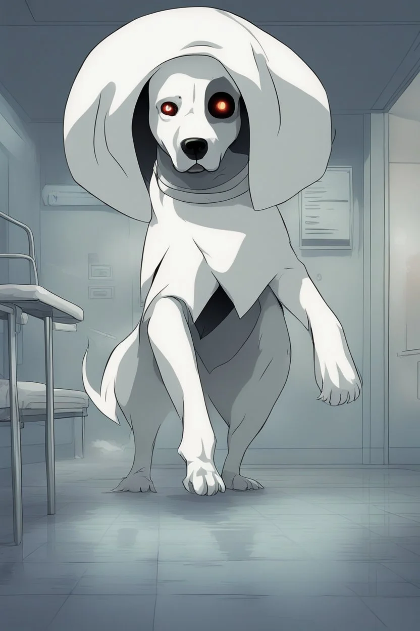 Death appears in the form of a friendly Dog with a ghostly white aura around. He wanders around the hospital in search of the next soul that needs him.