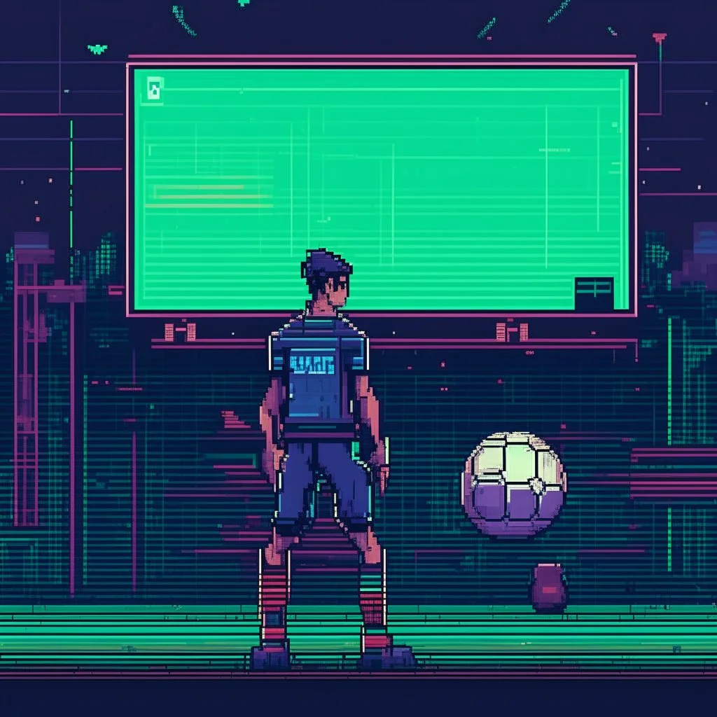 A pixel art cyberpunk version of the best football predictor master pundit master sporty