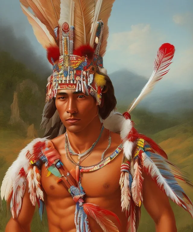 Guaicaipuro, native american god, 30 years old, Muscular warrior, red feathers headdress, shirtless, fearce look