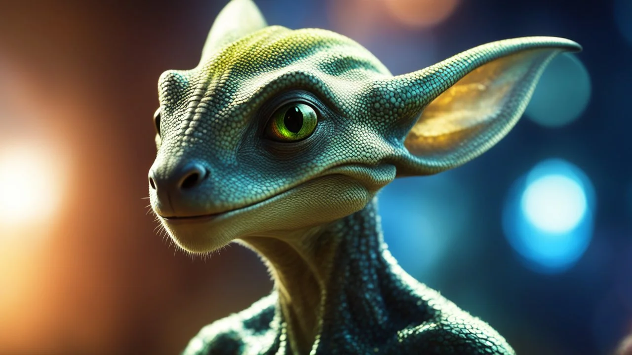 Strange, innovative, kind, beautiful, unknown furry humanoid alien reptile, futuristic, ingenious, exquisite body, striking skin, happy, intelligent, calm, thoughtful, friendly, rapport, confident, attractive, extreme characteristics, beautiful volumetric lighting, attractive composition, photorealistic, bokeh blur, extremely detailed, chiaroscuro