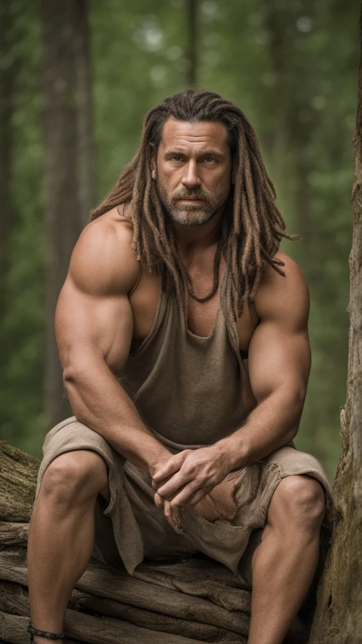 dirty gipsy muscular beefy, manly man serious, 34 years old, sleeveless tank top, beefy, ugly, unshaven, big belly, dreadlocks, in a Rom camp, bulging boxer, Hyperrealistic, photographic