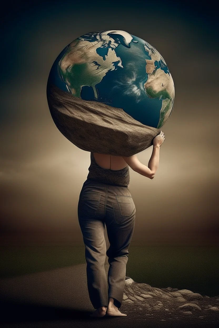 a woman carrying the weight of the earth on her back like Atlas