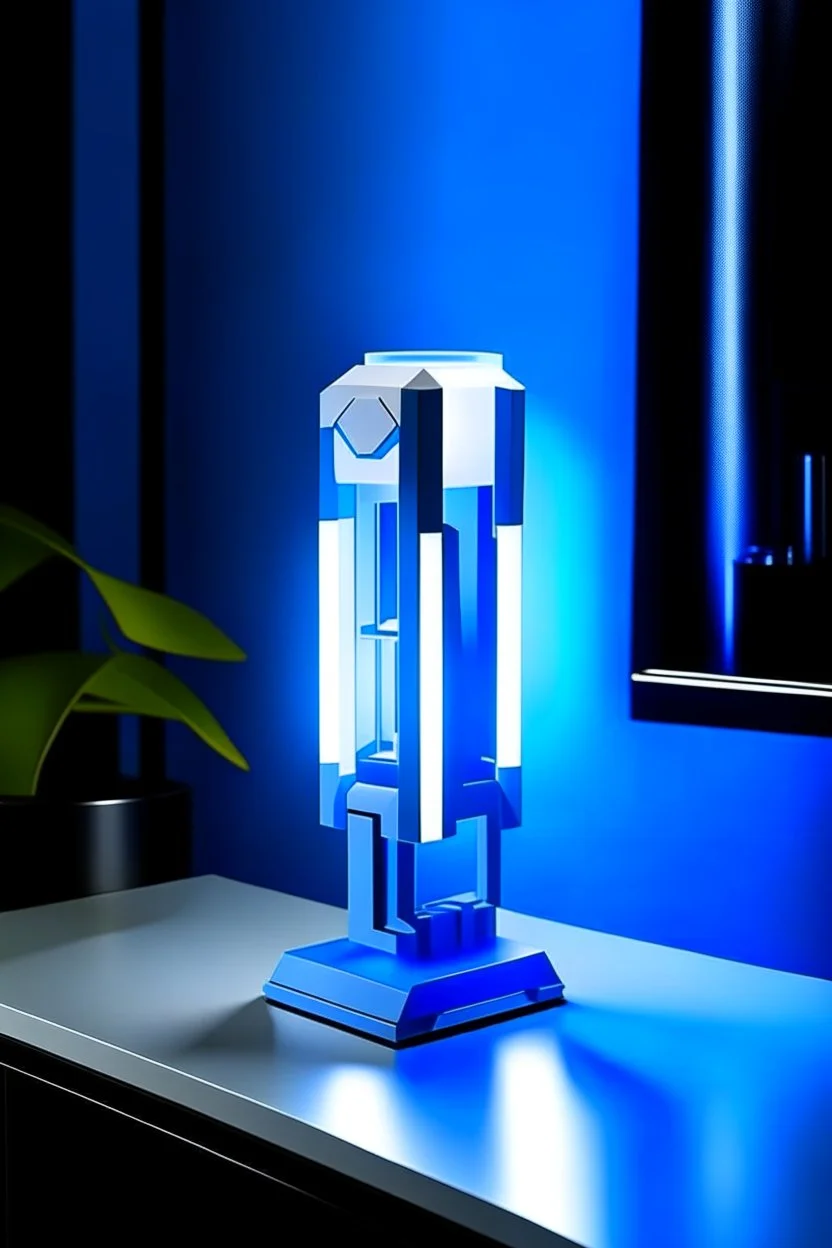 gaming table lamp inspired by avengers stark tower buliding architecture futuristic-modern stlye. geometric form, blue and white color scheme