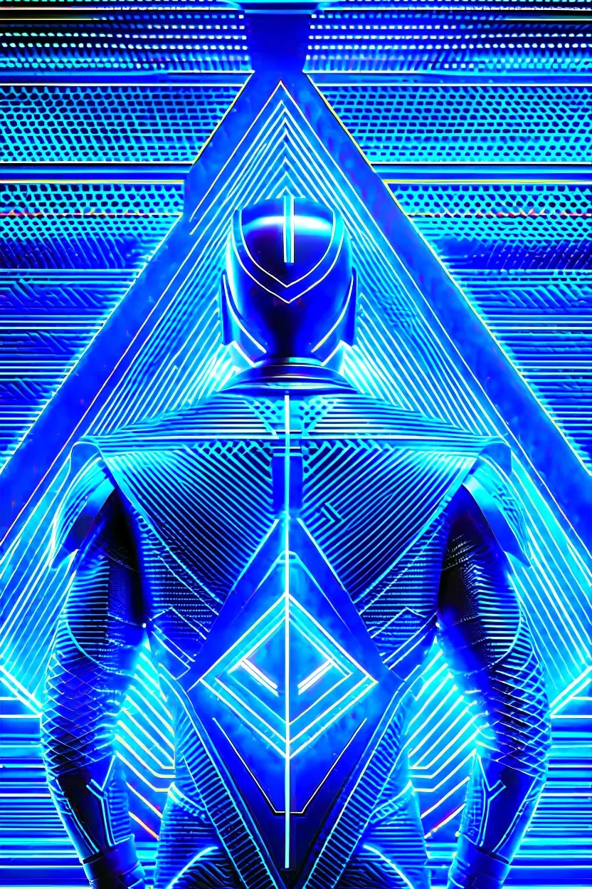 neon blue, floating triangle of light orbiting behind the back, cyber armor, geometric patterns on armor, male, orbiting triangle