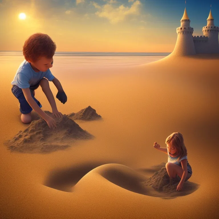 spirit of a child playing with a castle of sand at the beach