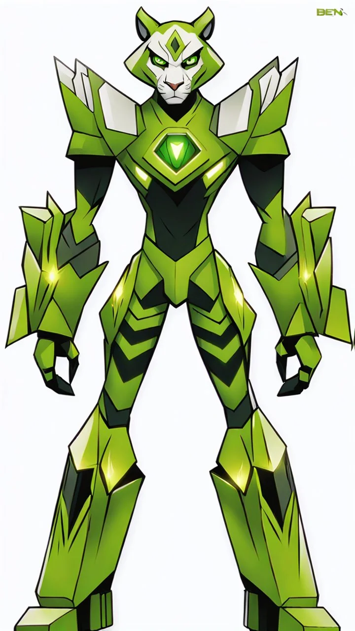 A new space creature from Ben 10 cartoon. Strong and graceful. From the White Tiger faction. Advanced hybrid metal golem. And the diamonds. He has a glowing green tattoo in the shape of old magic words