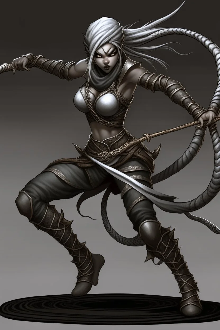 female gray skin Shadar-Kai wielding a Whip a whip made out of black thorns