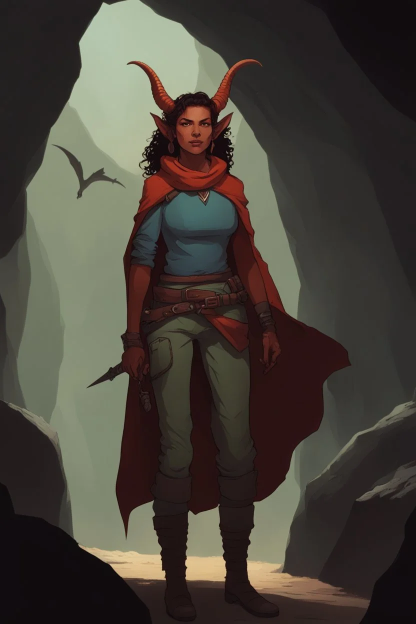 A DnD character. A female horned Tiefling ranger with pointy ears standing in a cave. The Tiefling has curly hair and a little pterosaurs on her shoulder.