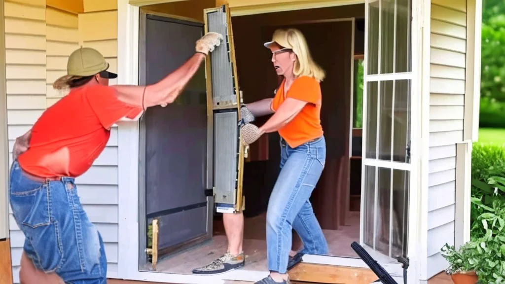 lady angry with male contractor installing the oversized screen door on front porch