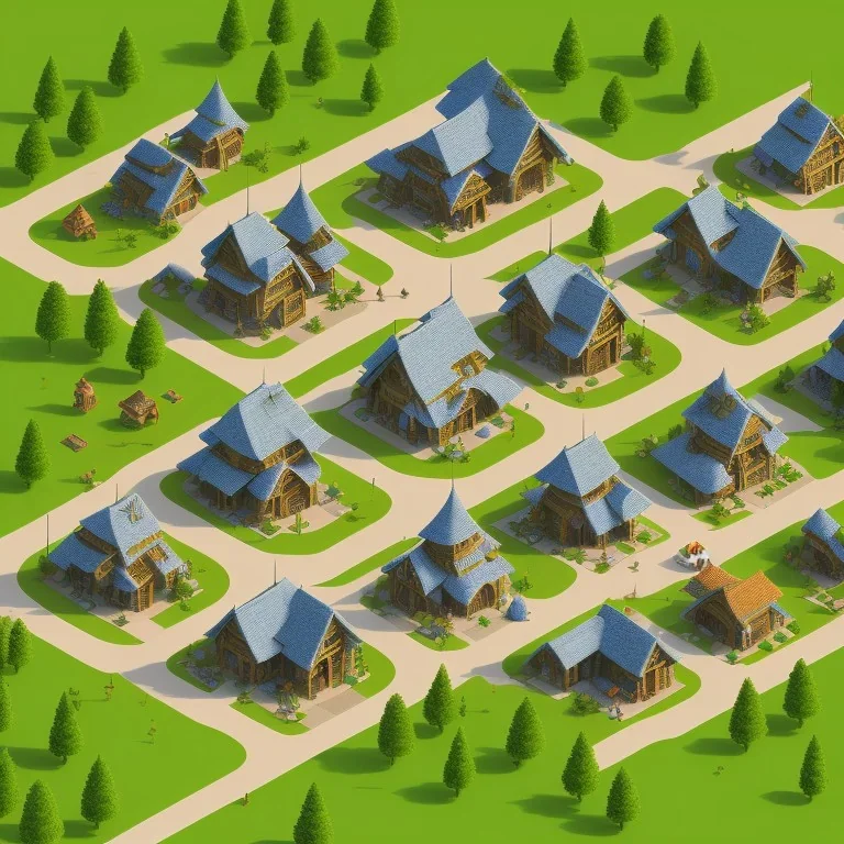 isometric architecture illustration of a village in the mountains