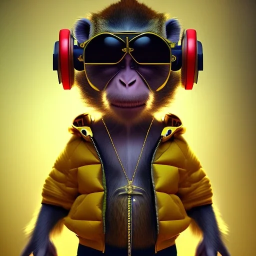 Monkey toddler, steampunk headphone, sunglass, gangsta neckless, full body, yellow puffer jacket, tokio background, dramatic lighting, hyper realistic, unreal engine 5, 16k