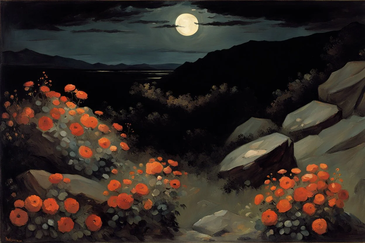 Landscape with night, mountains, flowers, rocks, winslow homer paintings