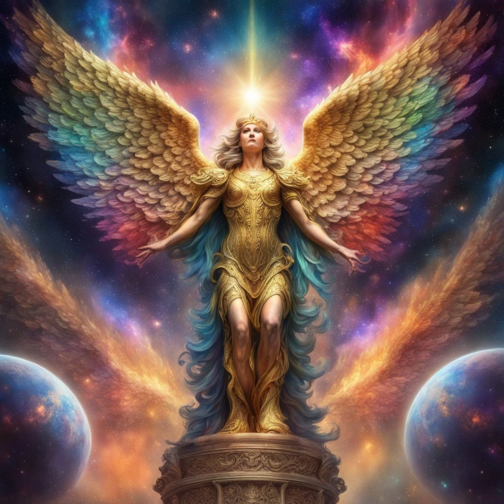 cosmic rainbow space nebula chatedral guarded by flying golden winged marble angel warriors, professional, Photography, Intricate Patterns, Ultra Detailed, Luminous, Radiance, beautiful, Ultra Realism, Complex Details, Intricate Details, 16k, HDR, High Quality, Trending On Artstation, Sharp Focus, Studio Photo, Intricate Details, high contrast, bright vibrant colors