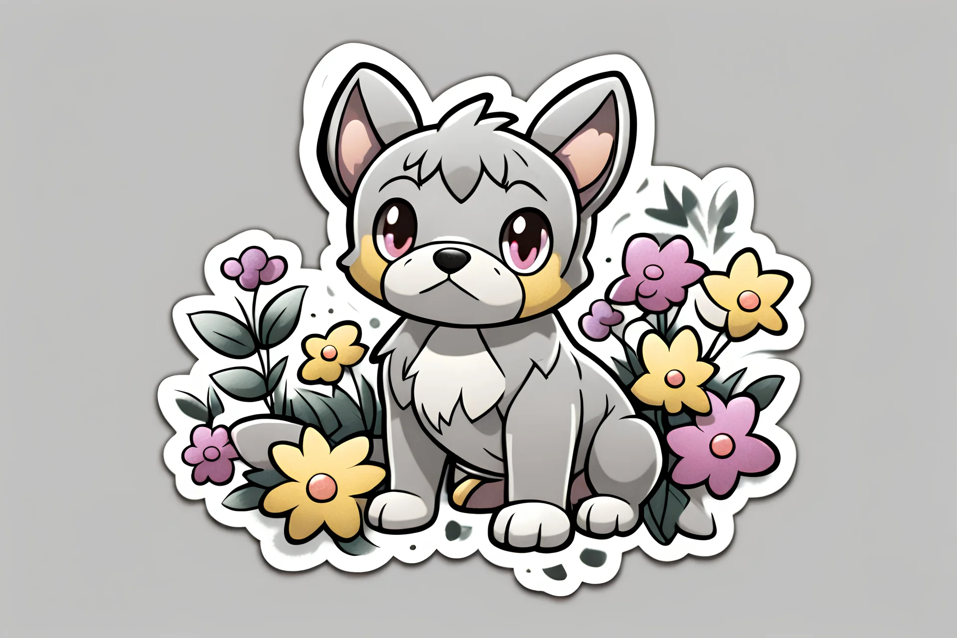 sticker pokemon dog in flowers on gray background