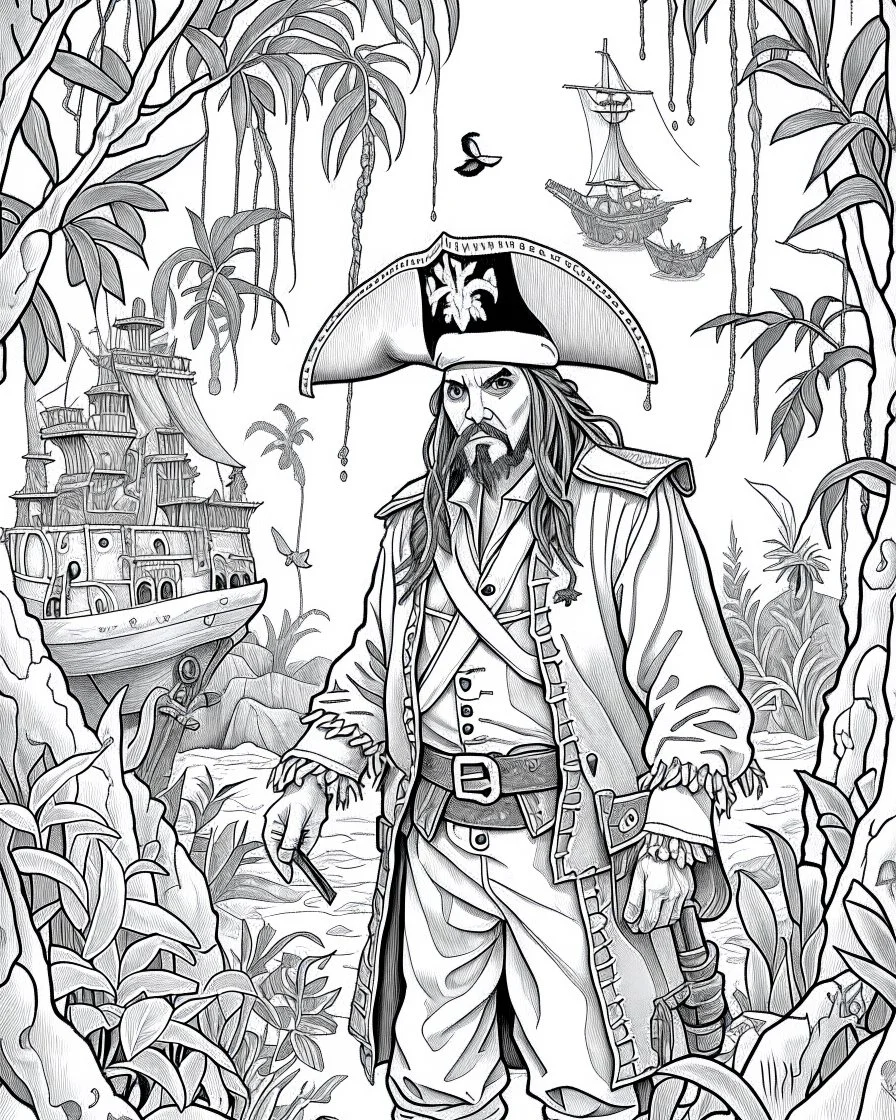 Pirates of the Caribbean: Jack Sparrow's Jungle Adventure Coloring Page: Design an adventurous coloring page inspired by the Pirates of the Caribbean movie, featuring Jack Sparrow navigating a dense jungle on a quest. Remove black color backgrounds and lines as much as possible, allowing kids to focus on coloring towering trees, wild animals, and hidden paths. This black-and-white canvas invites young artists to bring the excitement of Jack Sparrow's jungle exploration to life in their imaginati