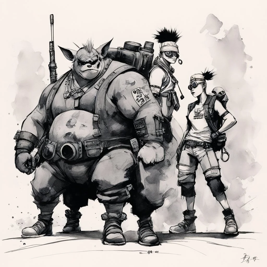 [traditional Chinese brush, expressive line, ink washes] Tank Girl with Bebop and Rocksteady: This body finds pleasure in his movement wish to walk with my head so high my shoulders back bum carefully encasing the head of my femur, wish my body to move like my trainer's.