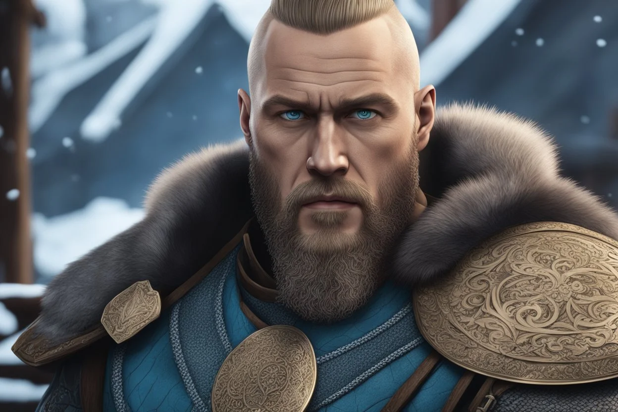 Ragnar Lothbrok in 8k Afukuro cartoon artstyle, blue eyes, Bald, big beard, tattoos, winter, close picture, highly detailed, high details, detailed portrait, masterpiece,ultra detailed, ultra quality