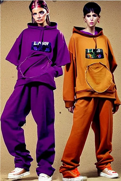 year 1999 women fashion, Techno, rave, Loose, baggy, straight, suit, low waist Combat pants, t-shirt, new kind of hoodie with high tippet! Colors: all denim colors, purple, khaki, light green, lilac, plum, orange, terracotta, red, pink, dark blue, beige. Patterns: lynx, balls, stripes. lynx belt. starling or owl prints. Women models. Sharon Stone, Sandra Bullock, Winona Ryder, Milla Jovovich, Big tennis shoes on. Latex, denim and leather e.g. in Leg warmers.