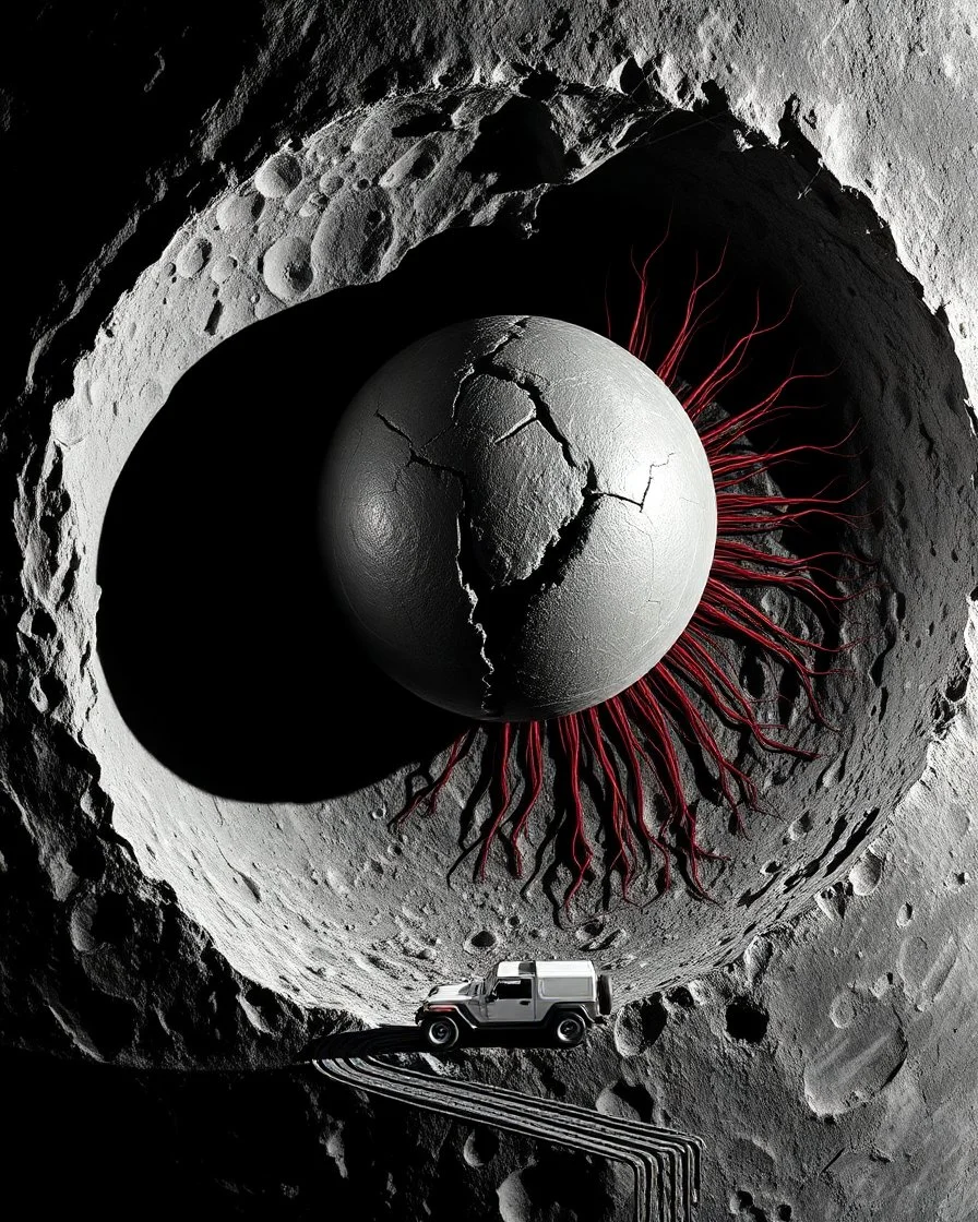 High-altitude lunar reconnaissance satellite image of a young impact crater. larger regolith along right ride. A massive damaged metallic alien sphere with fracture lines on the crater floor. Thin red organic growth radiates across regolith and up crater walls. At the lower frame edge outside the crater, a small modern white single-seat lunar vehicle sits near the rim with visible wheel tracks. Stark vacuum lighting, no atmosphere, pitch-black space, photorealistic lunar geology