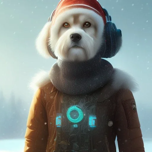 Cyberpunk Portrait of dog child with brown hair and with cute face, north pole snowy vibe , perfect composition, hyperrealistic, super detailed, 8k, high quality, trending art, trending on artstation, sharp focus, studio photo, intricate details, highly detailed, by greg rutkowski