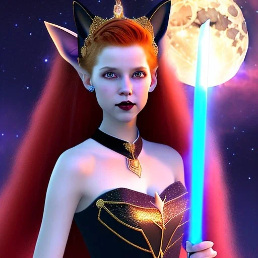 Attractive young teenage girl with fire red hair wearing a galactic tiara, who is dressed like a witch casting a spell with a quarterstaff on the moon, she has cat ears and open dazzling blue eyes, has a normal nose, background is realistic space, the girl is on a planet, black goth girl dress, full body portrait, arm colors gradient effect into stars, rendered, unity 3d, unreal engine, dslr, hdr, 4k, edited, photorealistic, normal number of appendages, freckles, artists rendered,