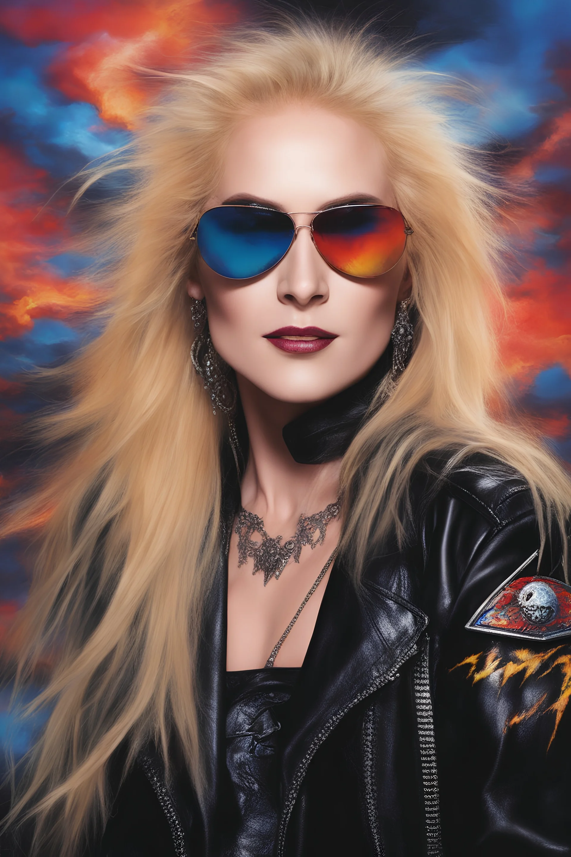 head and shoulders image, Lita Ford - Kiss Me Deadly - Reptilian-skinned - Ray-Ban sunglasses - Motley Crue - gothic pale-skinned vampire, Painting with fire and multicolored electrified cosmic clouds, by Hoy Tong Lu - Multicolored lightning -a smiling, long, blonde hair, blue eyes, goth makeup, black leather biker's jacket, black leather pants, combat boots, black fingerless gloves, sitting on in the forest next to a fire,