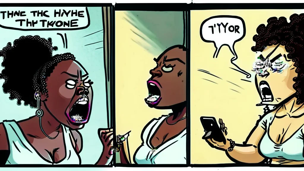 2 panels: one with an angry black lady screams on phone the other panel shows Tyrone using a sybian