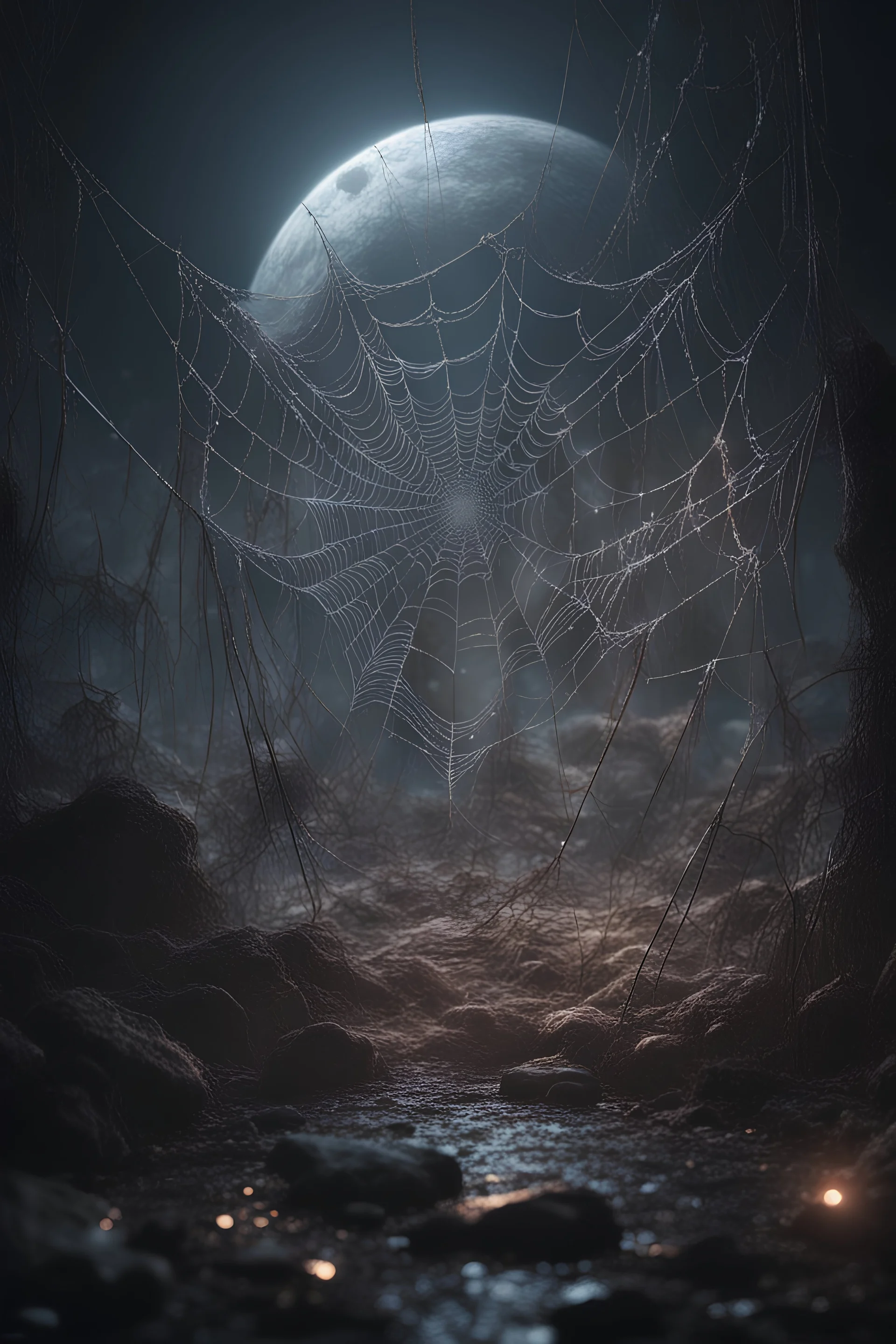 Spiderwebs, dark atmosphere, iridescent moonlight, high resolution, high contrast, octane rendered, unreal engine, 4k, masterpiece, 3d Epic cinematic brilliant stunning intricate meticulously detailed dramatic atmospheric maximalist digital matte painting