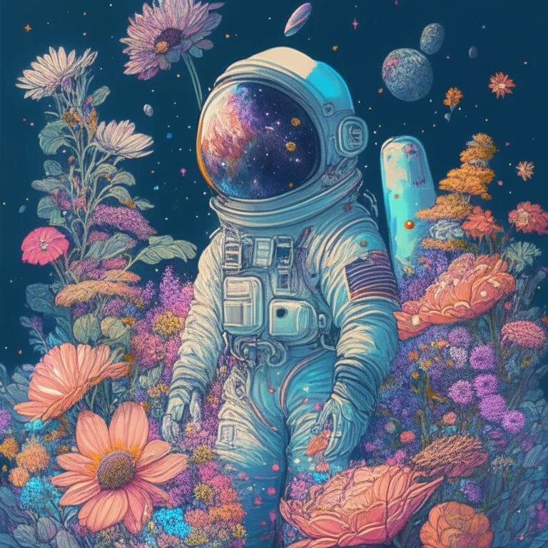 "floral astronaut" hand-drawn digital art, flowers everywhere, colorful garden, beautiful galaxy, REALISTIC, anime, 4k, high resolution, full details, 2560x1600