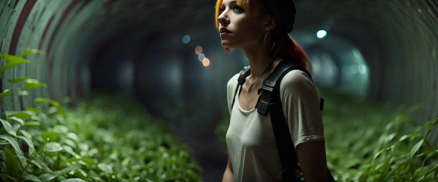 Unground solar punk tunnels, cinematic, dof background anamorphic, dystopian, sci-fi